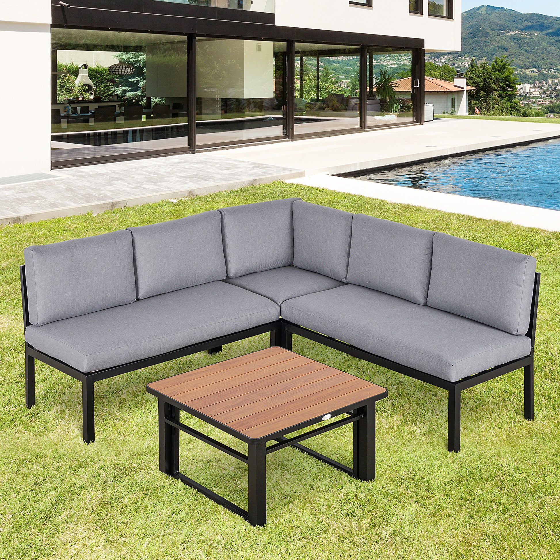 4-pc Garden Furniture Set Outdoor Aluminum Gray with Liftable Coffee Table Sofa with Cushions