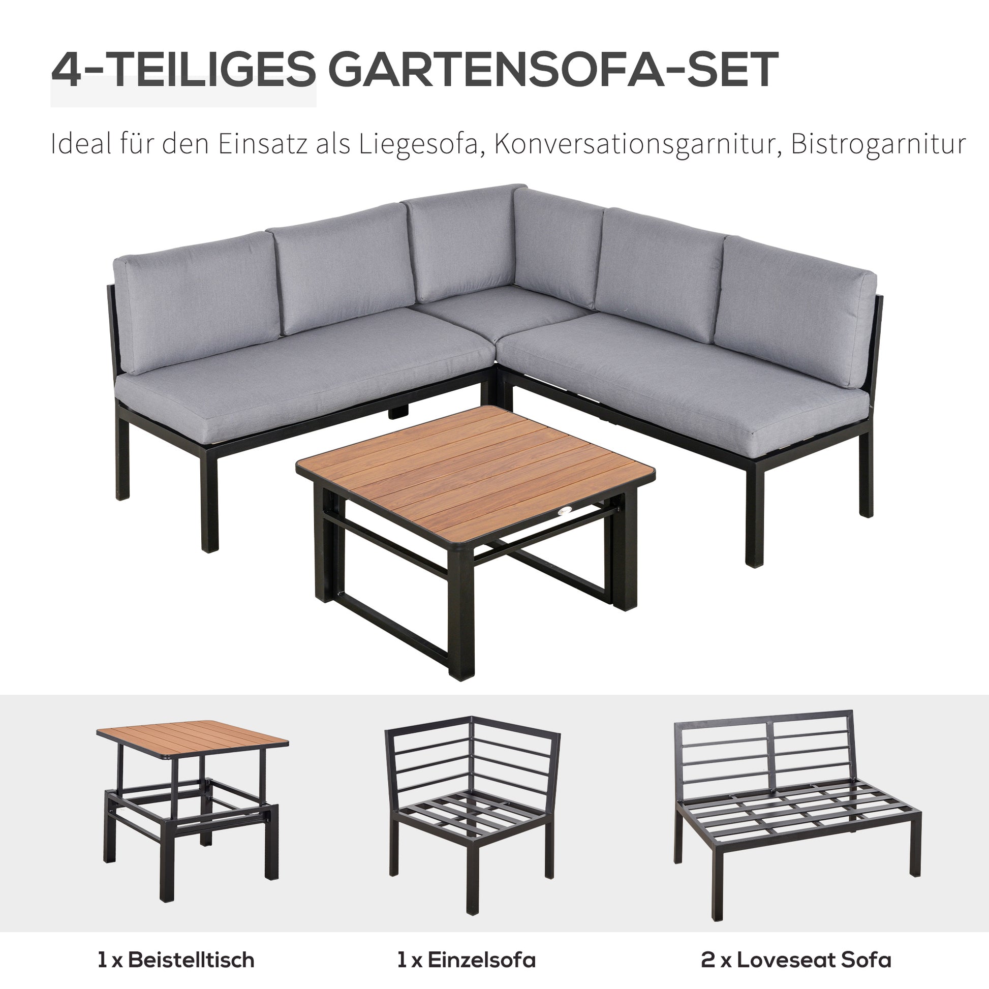 4-pc Garden Furniture Set Outdoor Aluminum Gray with Liftable Coffee Table Sofa with Cushions
