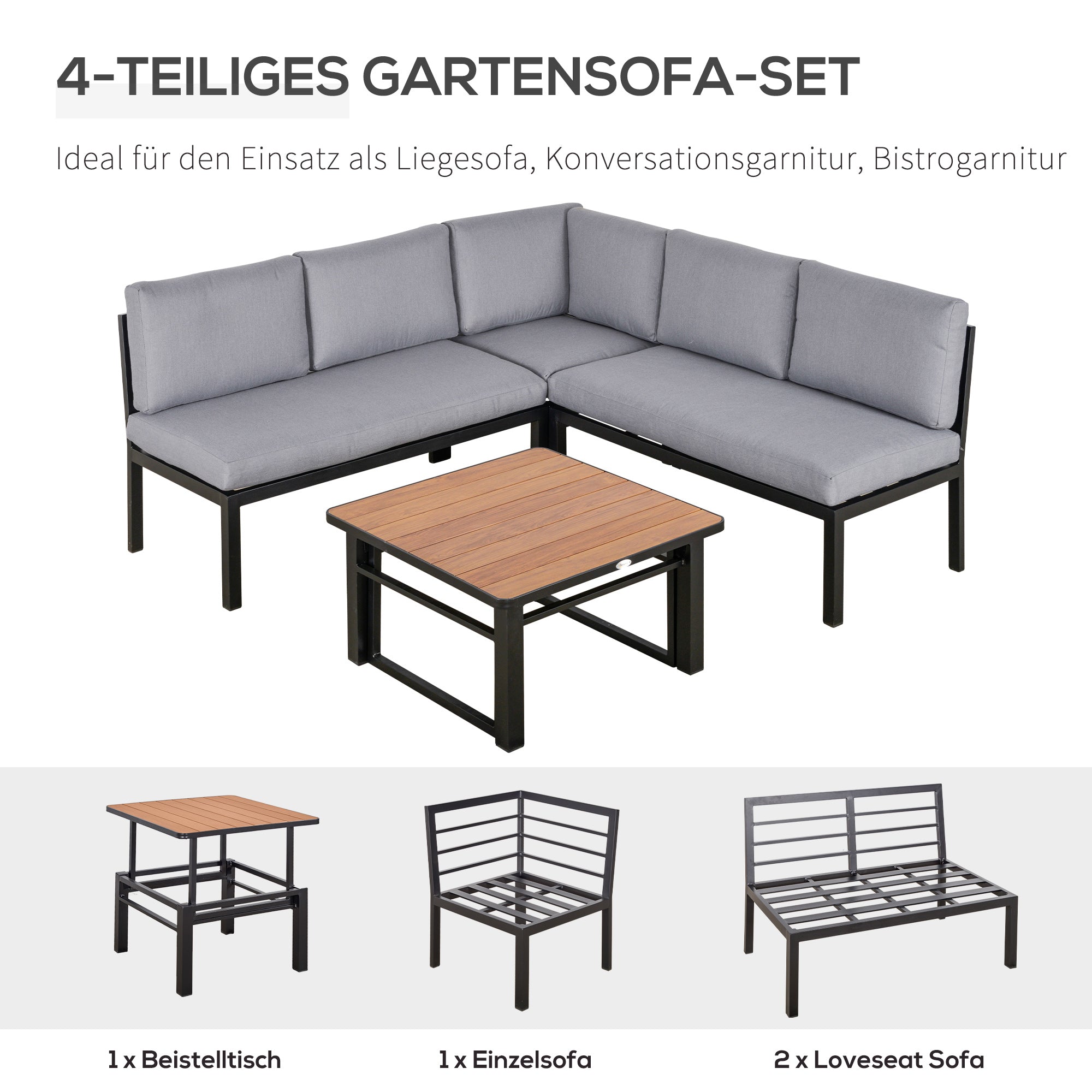 4-pc Garden Furniture Set Outdoor Aluminum Gray with Liftable Coffee Table Sofa with Cushions