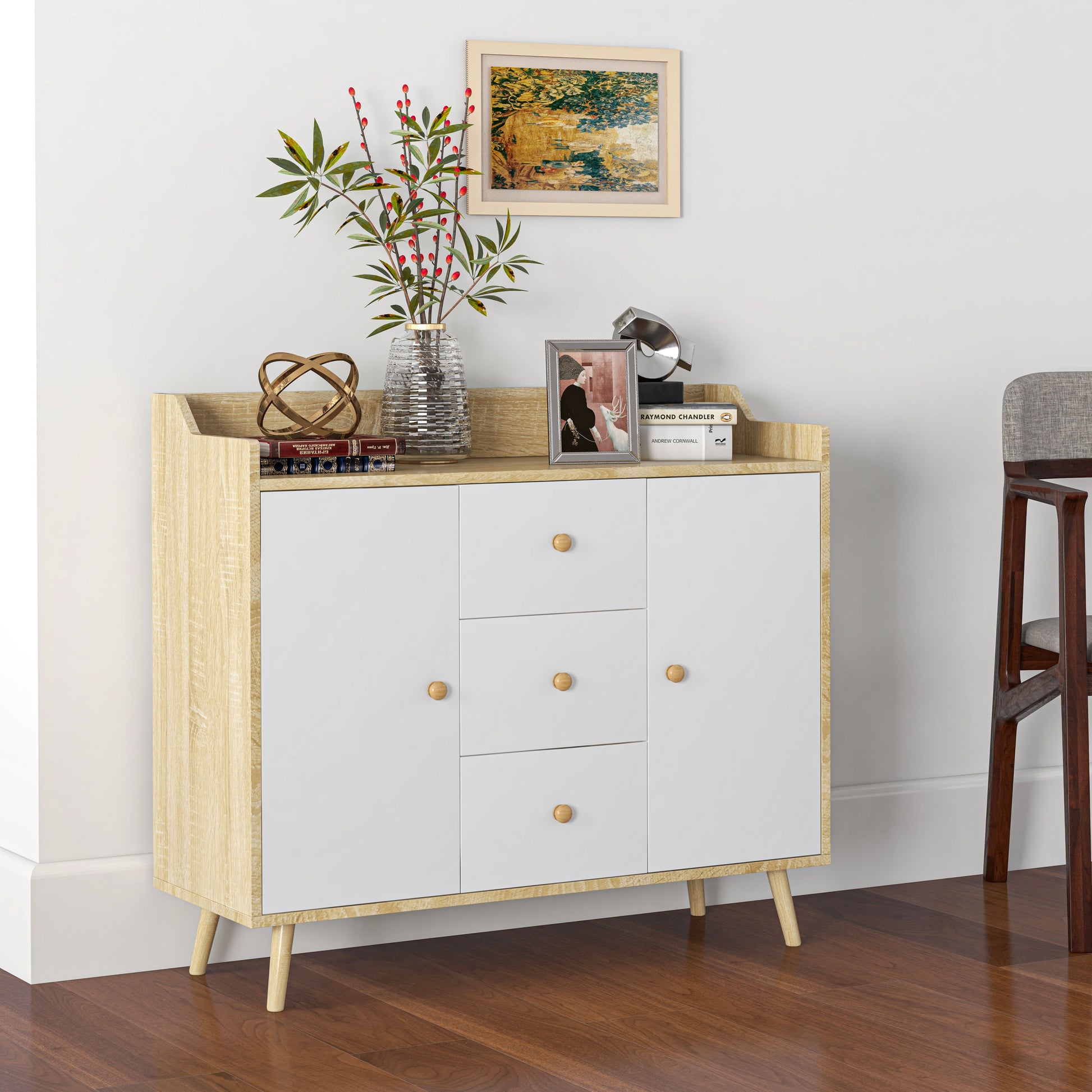 Wooden Living Room Sideboard with 3 Drawers and 2 Double-Level Cabinets, Modern and Multipurpose Living Room Furniture for Kitchen, Dining Room, and Living Room, 90x32x80 cm, White and Wood Color
