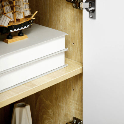 Wooden Living Room Sideboard with 3 Drawers and 2 Double-Level Cabinets, Modern and Multipurpose Living Room Furniture for Kitchen, Dining Room, and Living Room, 90x32x80 cm, White and Wood Color