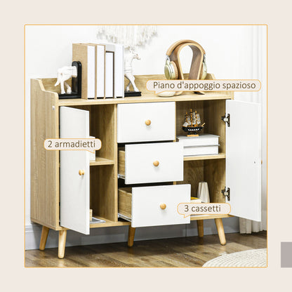 Wooden Living Room Sideboard with 3 Drawers and 2 Double-Level Cabinets, Modern and Multipurpose Living Room Furniture for Kitchen, Dining Room, and Living Room, 90x32x80 cm, White and Wood Color