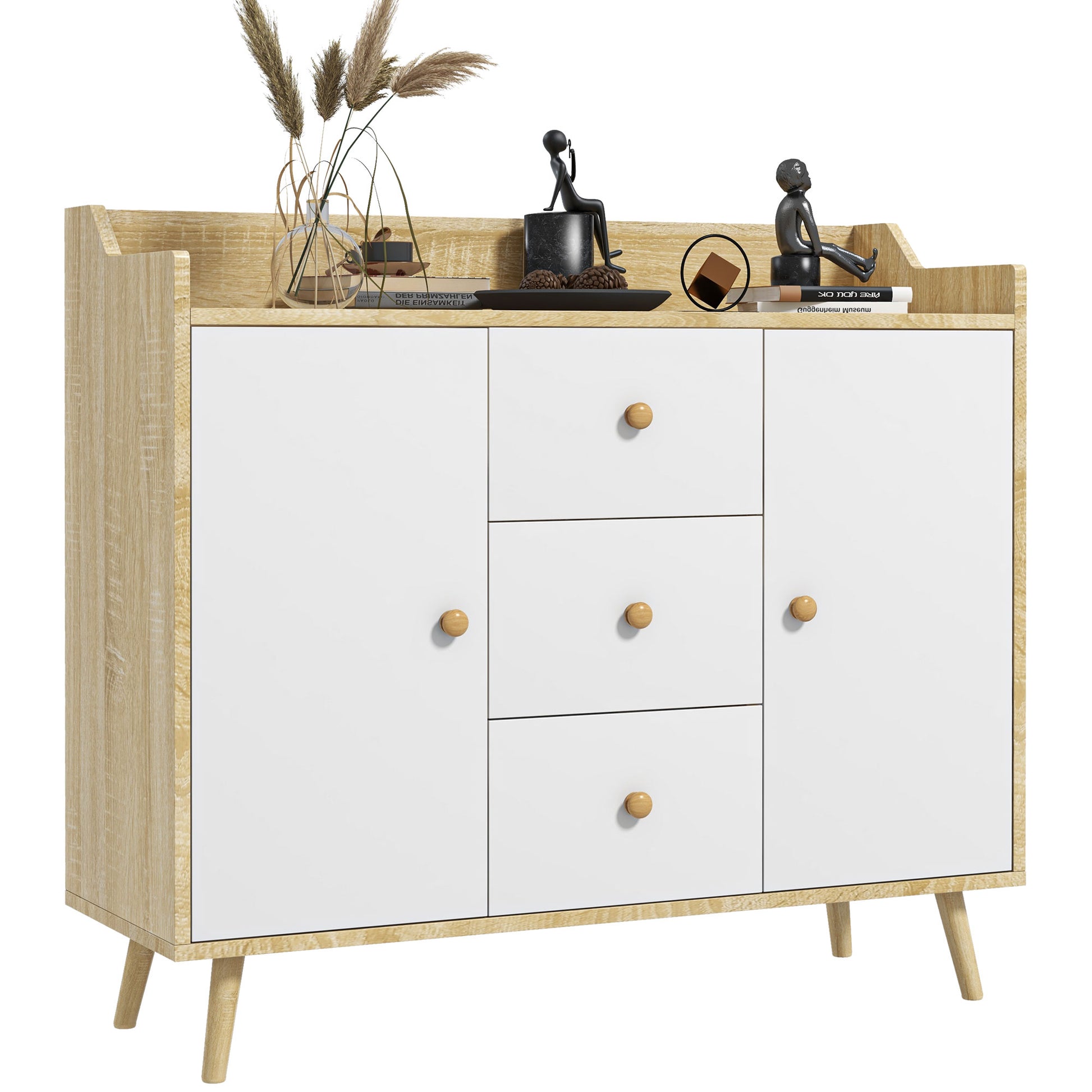 Wooden Living Room Sideboard with 3 Drawers and 2 Double-Level Cabinets, Modern and Multipurpose Living Room Furniture for Kitchen, Dining Room, and Living Room, 90x32x80 cm, White and Wood Color