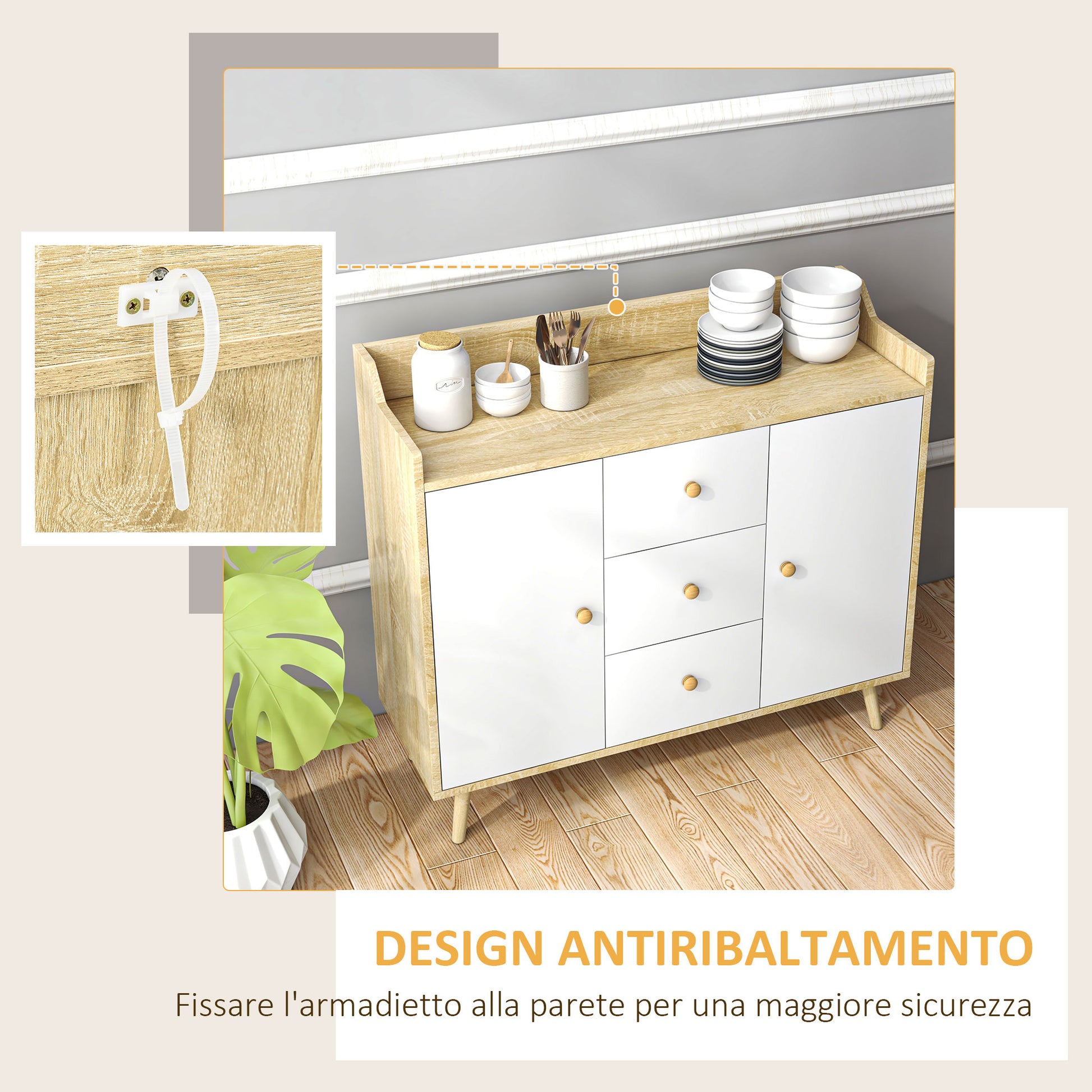 Wooden Living Room Sideboard with 3 Drawers and 2 Double-Level Cabinets, Modern and Multipurpose Living Room Furniture for Kitchen, Dining Room, and Living Room, 90x32x80 cm, White and Wood Color