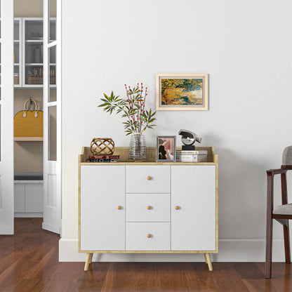 Wooden Living Room Sideboard with 3 Drawers and 2 Double-Level Cabinets, Modern and Multipurpose Living Room Furniture for Kitchen, Dining Room, and Living Room, 90x32x80 cm, White and Wood Color