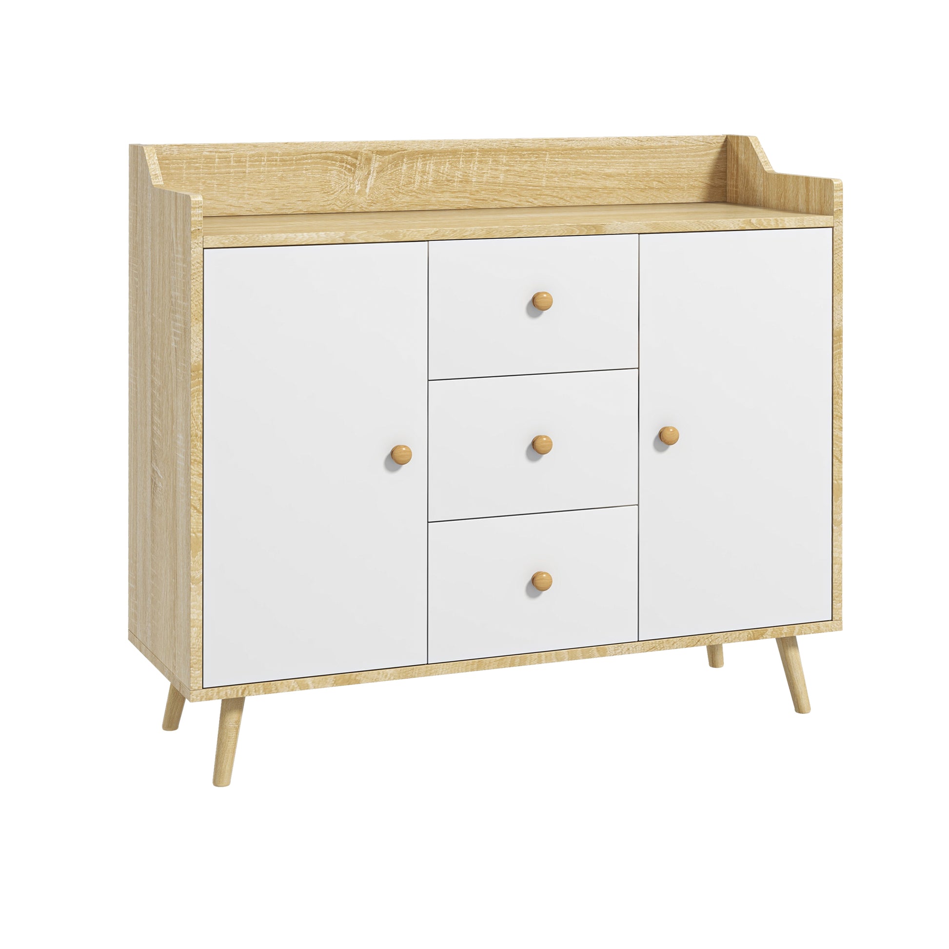Wooden Living Room Sideboard with 3 Drawers and 2 Double-Level Cabinets, Modern and Multipurpose Living Room Furniture for Kitchen, Dining Room, and Living Room, 90x32x80 cm, White and Wood Color