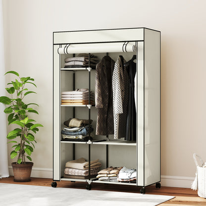 Fabric Wardrobe Organizer with Hanging Rail & Open Shelves, 40.6 x 16.9 x 64.0 in (103 x 43 x 162.5 cm) — Cream