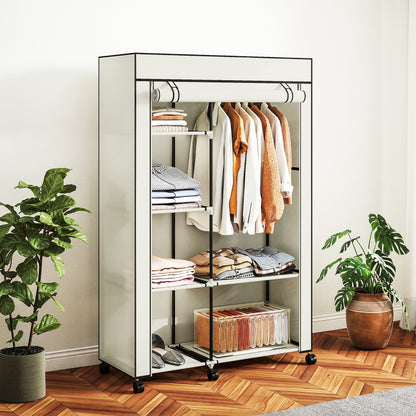 Fabric Wardrobe Organizer with Hanging Rail & Open Shelves, 40.6 x 16.9 x 64.0 in (103 x 43 x 162.5 cm) — Cream