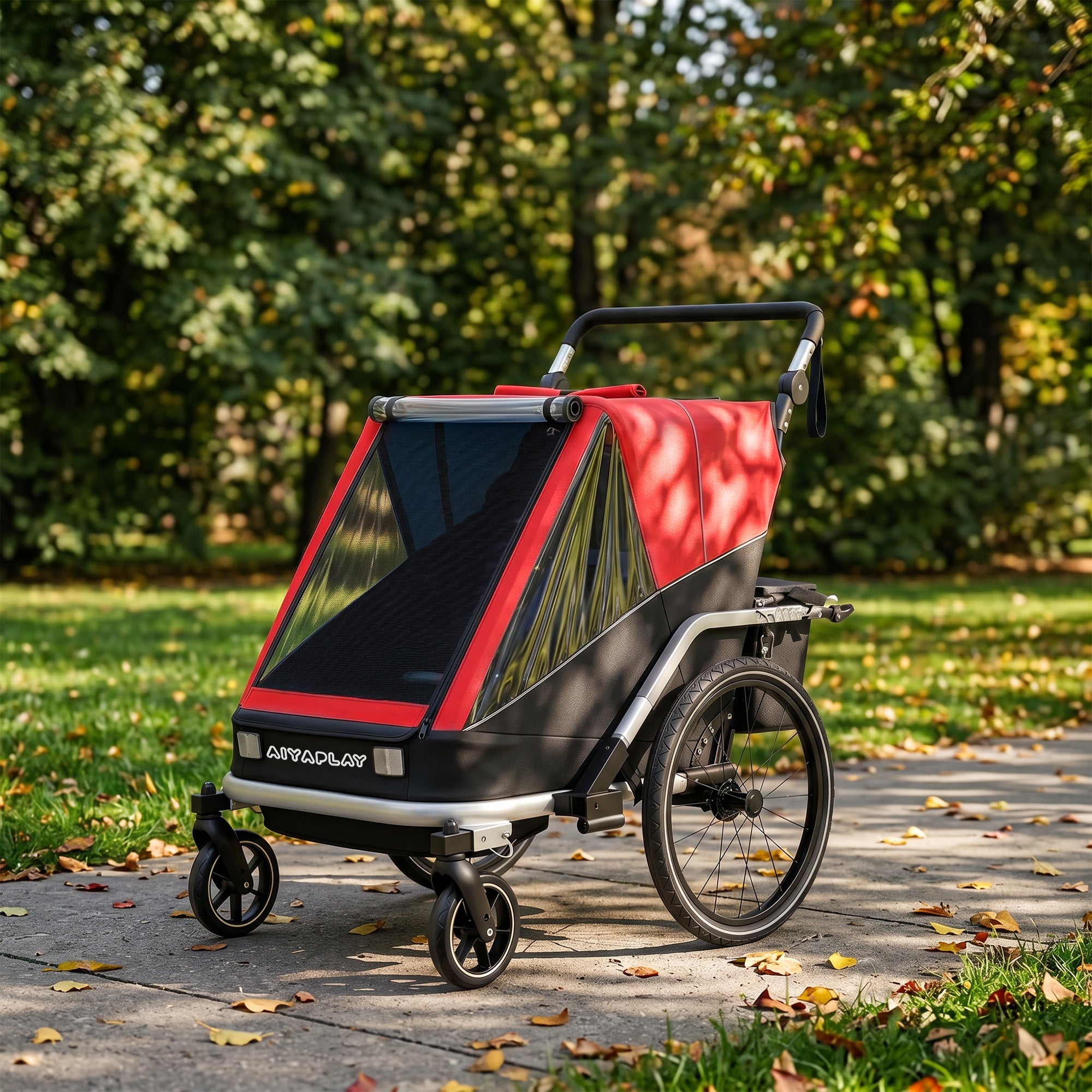 2-in-1 Bike Trailer & Stroller, 2-Seater Foldable Child Bike Trailer with 5-Point Harness and Safety Flag — for Children from 12 Months, Max 18 kg (39.7 lb)