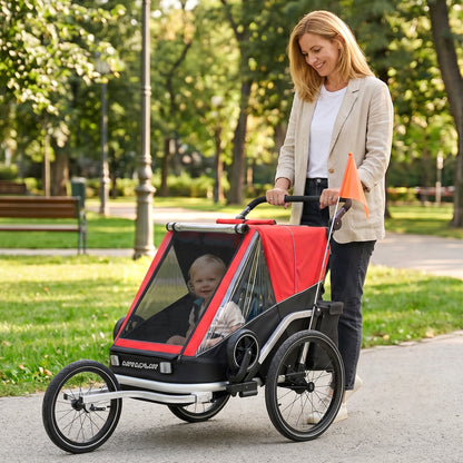 2-in-1 Bike Trailer & Stroller, 2-Seater Foldable Child Bike Trailer with 5-Point Harness and Safety Flag — for Children from 12 Months, Max 18 kg (39.7 lb)
