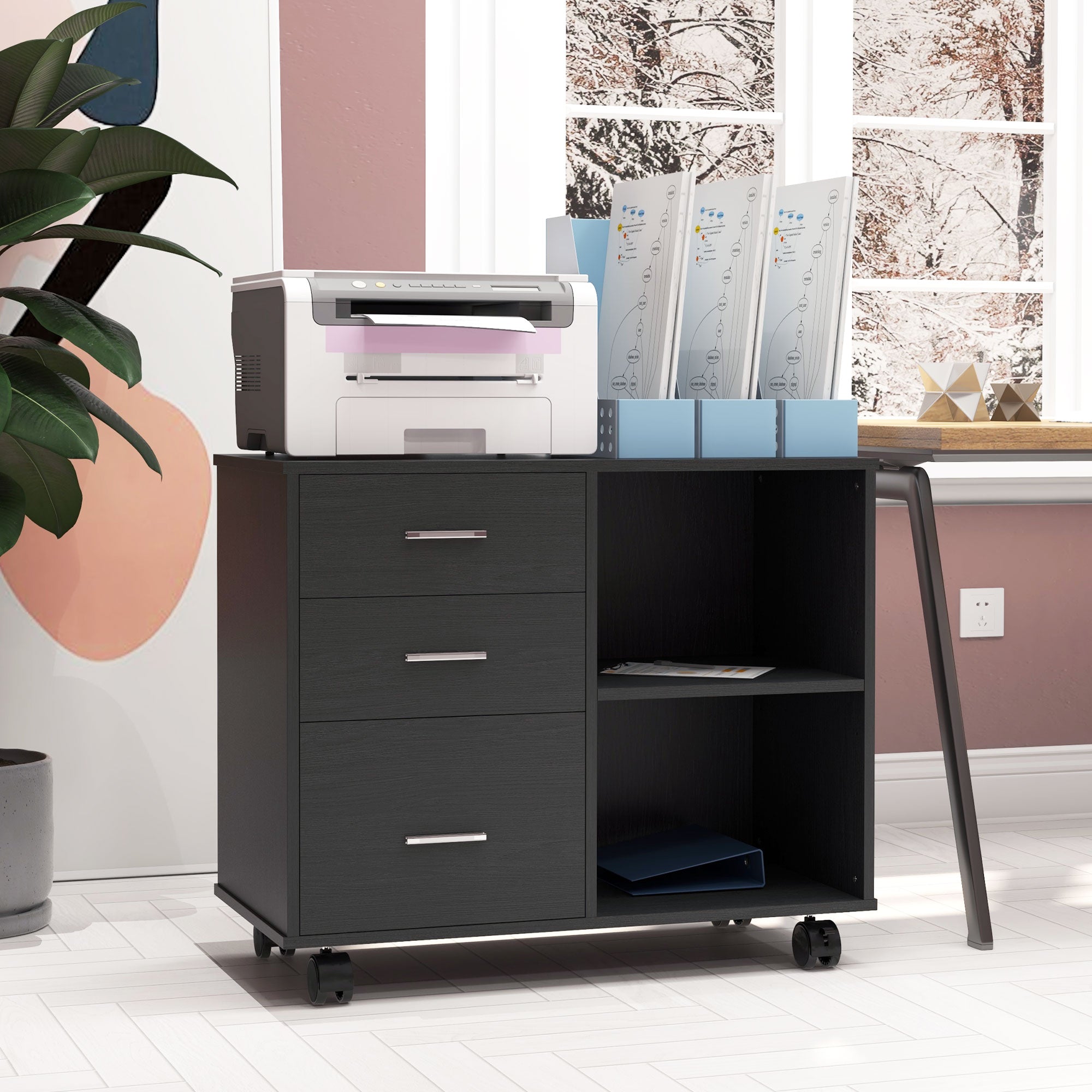 Printer Stand Desk Organizer Cabinet 3 Drawers + 2 Shelves + Large Top Shelf Particle Boards Black