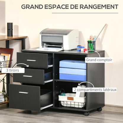 Printer Stand Desk Organizer Cabinet 3 Drawers + 2 Shelves + Large Top Shelf Particle Boards Black