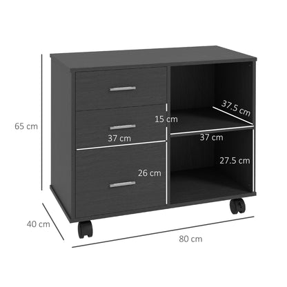 Printer Stand Desk Organizer Cabinet 3 Drawers + 2 Shelves + Large Top Shelf Particle Boards Black