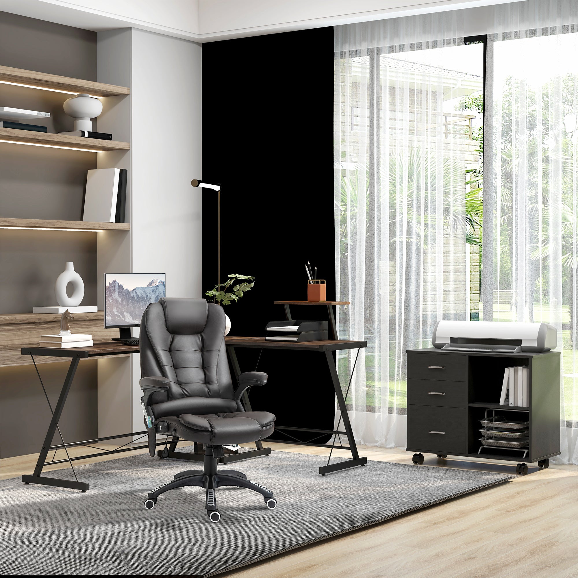 Printer Stand Desk Organizer Cabinet 3 Drawers + 2 Shelves + Large Top Shelf Particle Boards Black