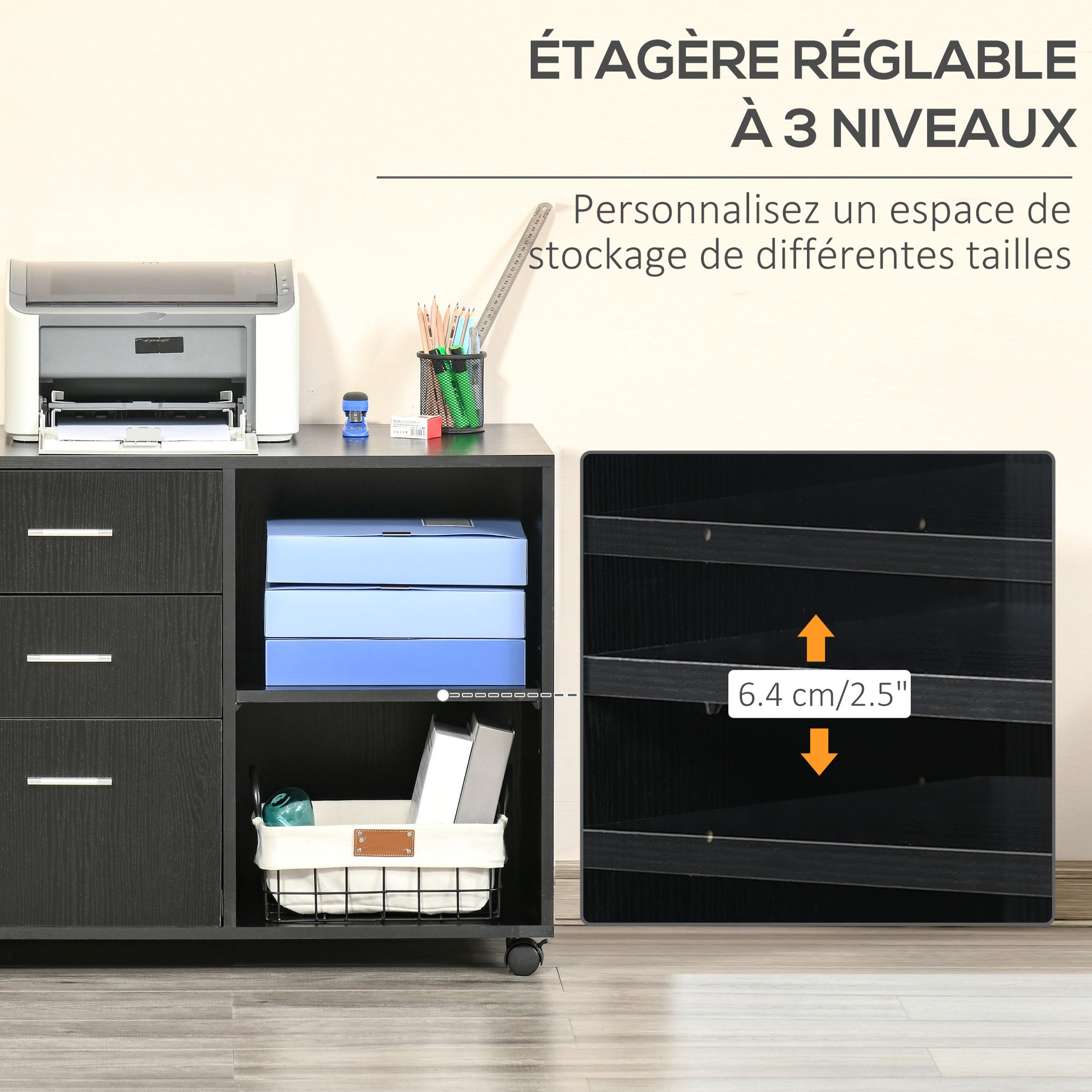 Printer Stand Desk Organizer Cabinet 3 Drawers + 2 Shelves + Large Top Shelf Particle Boards Black