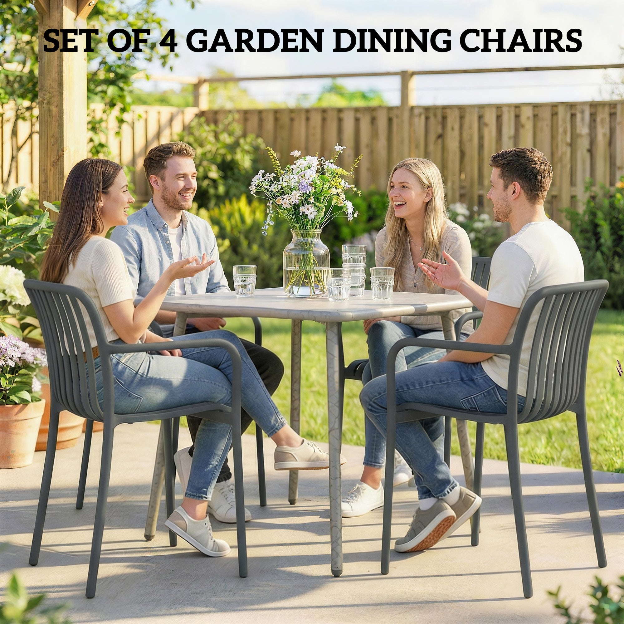 4-Piece Stackable Patio Chairs – Slatted Design with Armrests, Ergonomic Outdoor Dining Chairs for Garden & Balcony, 265 lb Capacity, Dark Gray