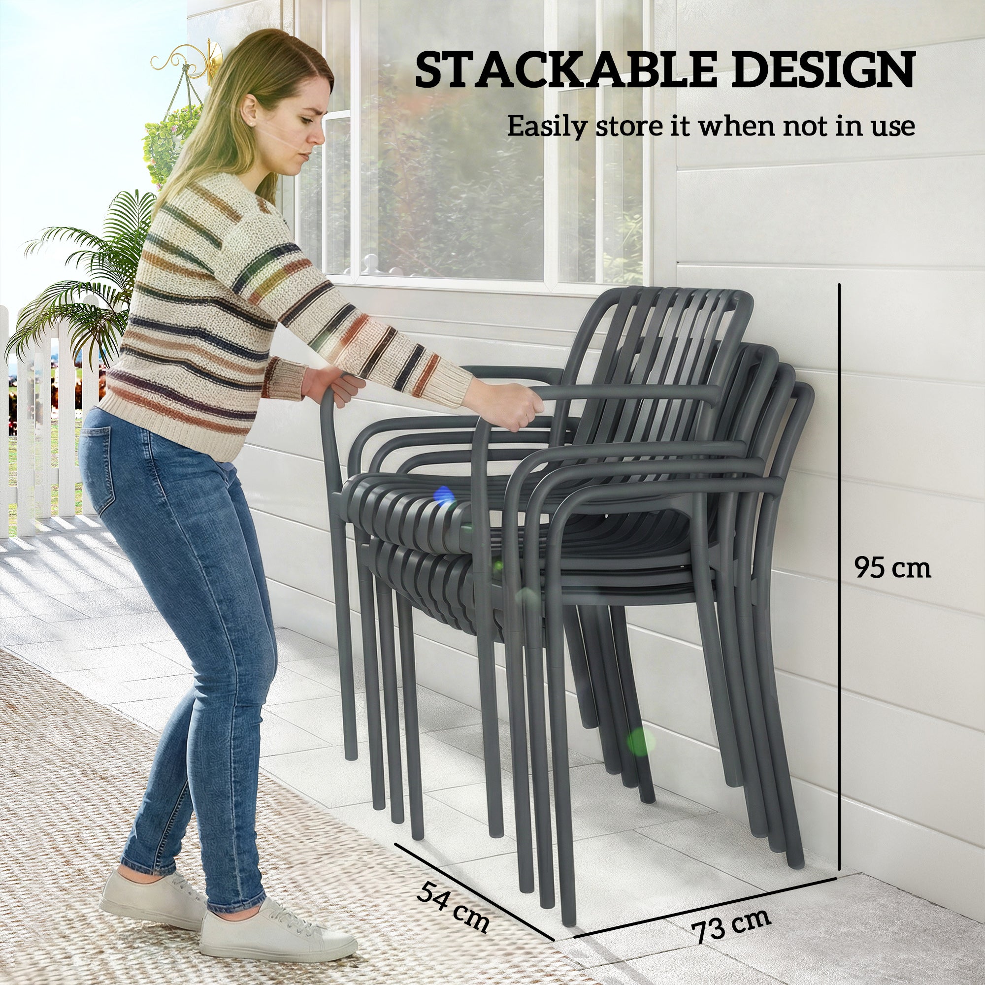 4-Piece Stackable Patio Chairs – Slatted Design with Armrests, Ergonomic Outdoor Dining Chairs for Garden & Balcony, 265 lb Capacity, Dark Gray