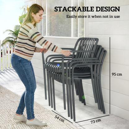 4-Piece Stackable Patio Chairs – Slatted Design with Armrests, Ergonomic Outdoor Dining Chairs for Garden & Balcony, 265 lb Capacity, Dark Gray