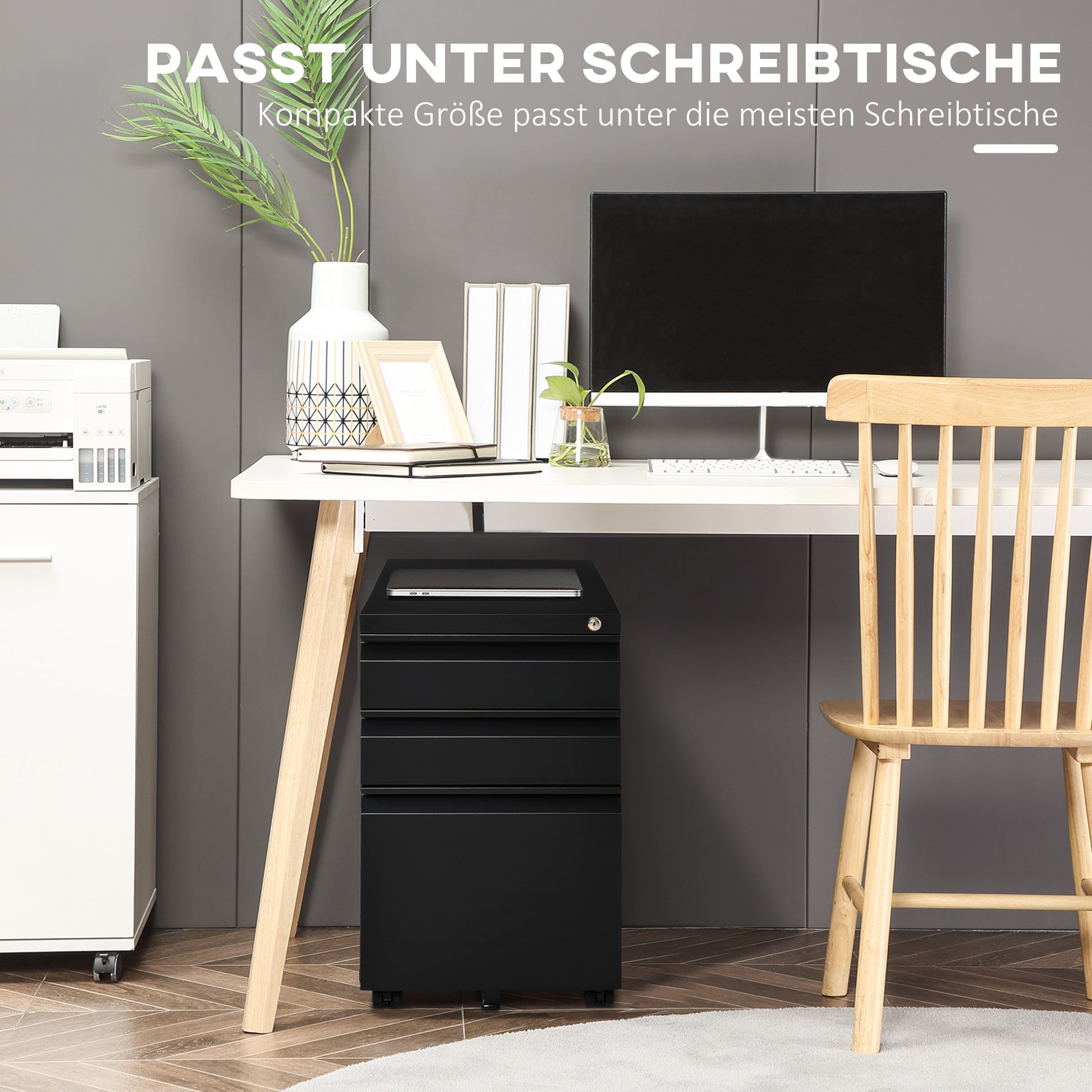 Mobile File Cabinet with 3 Drawers Lockable Rolling File Cabinet with Concave Handle, Drawer Cabinet for Office, Home Office, 39 x 48 x 60 cm, Black