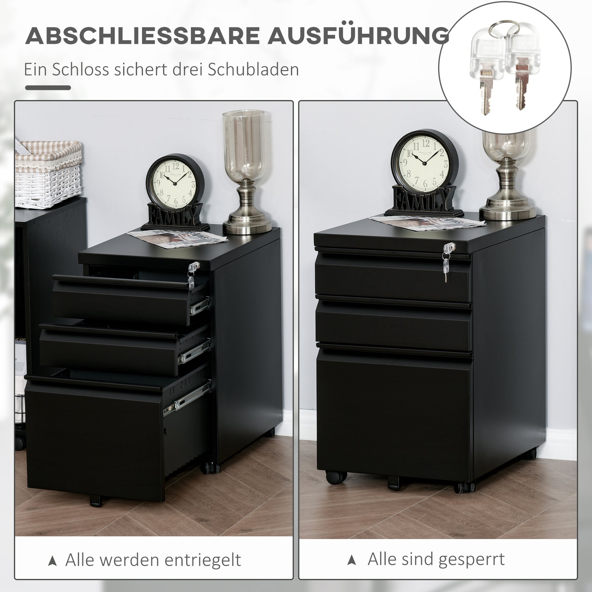 Mobile File Cabinet with 3 Drawers Lockable Rolling File Cabinet with Concave Handle, Drawer Cabinet for Office, Home Office, 39 x 48 x 60 cm, Black