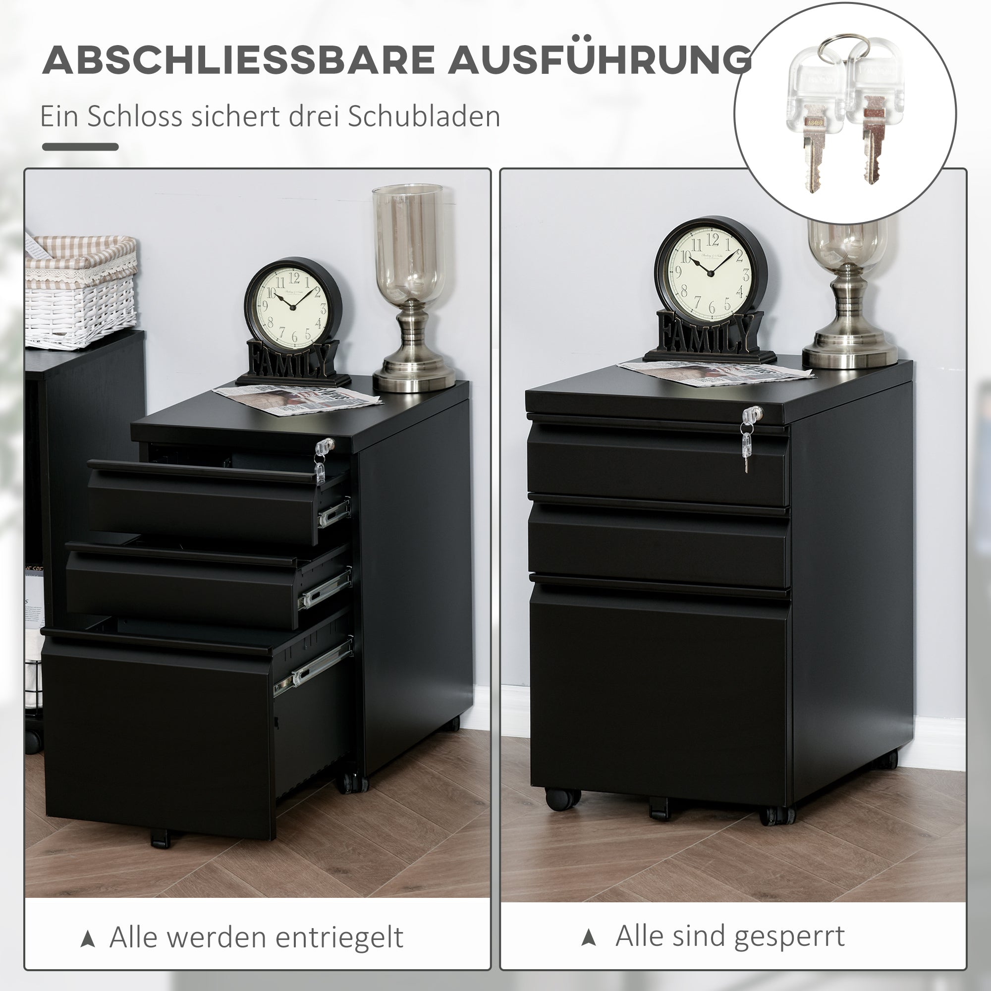 Mobile File Cabinet with 3 Drawers Lockable Rolling File Cabinet with Concave Handle, Drawer Cabinet for Office, Home Office, 39 x 48 x 60 cm, Black