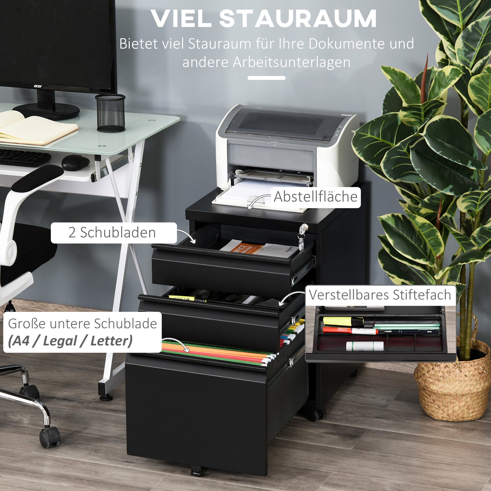 Mobile File Cabinet with 3 Drawers Lockable Rolling File Cabinet with Concave Handle, Drawer Cabinet for Office, Home Office, 39 x 48 x 60 cm, Black
