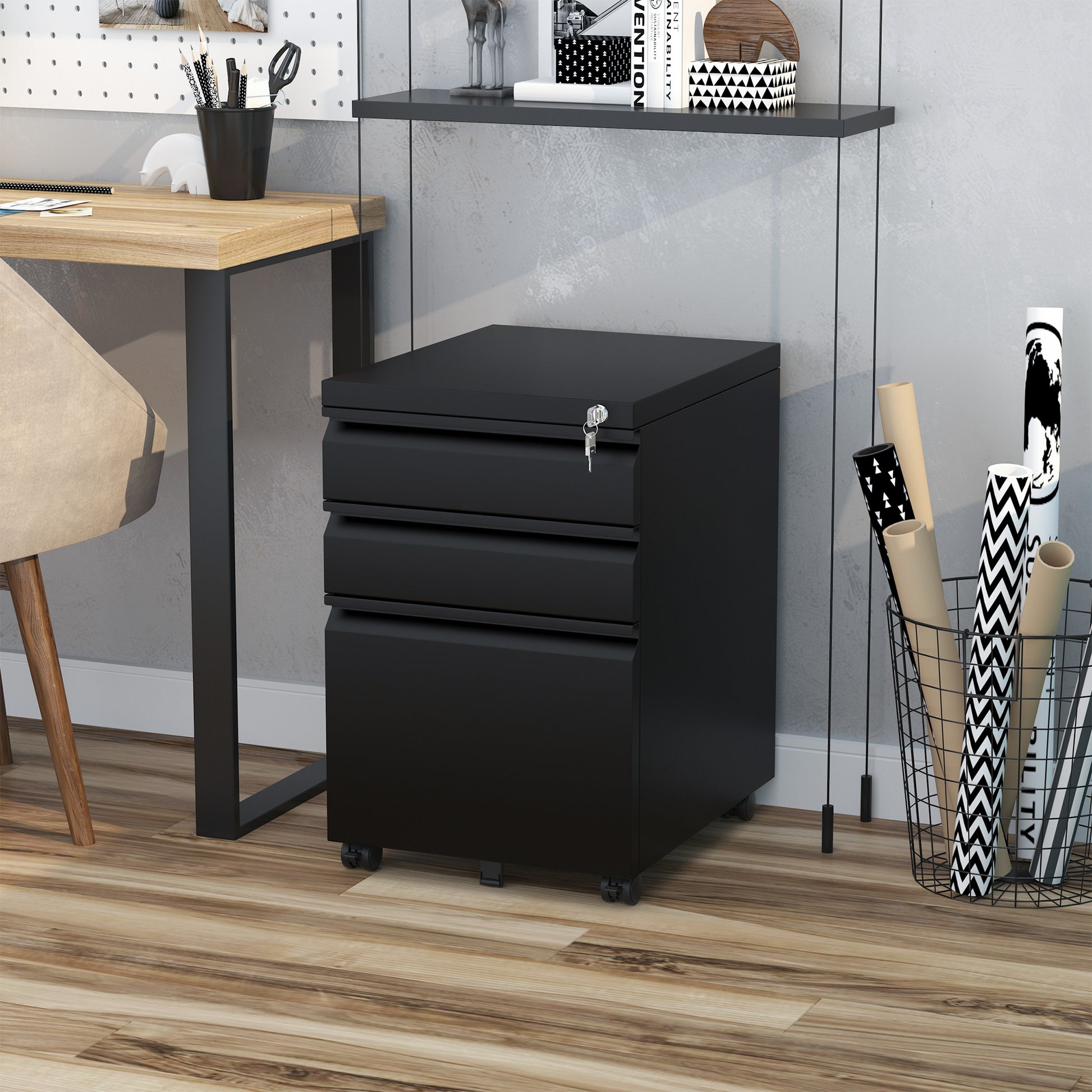 Mobile File Cabinet with 3 Drawers Lockable Rolling File Cabinet with Concave Handle, Drawer Cabinet for Office, Home Office, 39 x 48 x 60 cm, Black