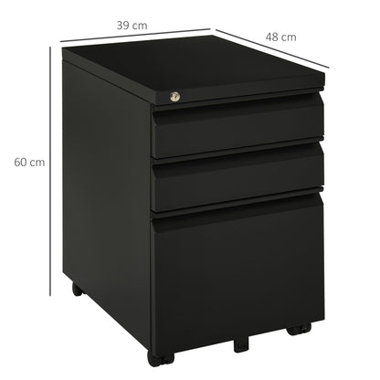 Mobile File Cabinet with 3 Drawers Lockable Rolling File Cabinet with Concave Handle, Drawer Cabinet for Office, Home Office, 39 x 48 x 60 cm, Black