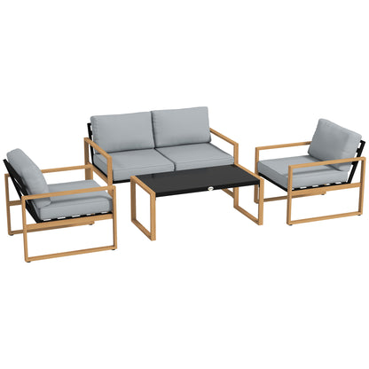 4-Piece Garden Lounge Set in Aluminum, Furniture Set with 2-Seater Outdoor Sofa, 2 Armchairs, and Glass Coffee Table with Removable Cushions, Charcoal Gray/Wood Color