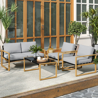 4-Piece Garden Lounge Set in Aluminum, Furniture Set with 2-Seater Outdoor Sofa, 2 Armchairs, and Glass Coffee Table with Removable Cushions, Charcoal Gray/Wood Color