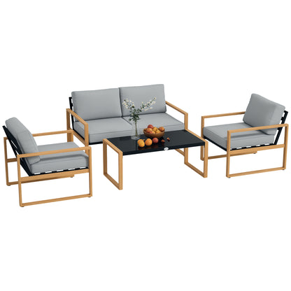 4-Piece Garden Lounge Set in Aluminum, Furniture Set with 2-Seater Outdoor Sofa, 2 Armchairs, and Glass Coffee Table with Removable Cushions, Charcoal Gray/Wood Color