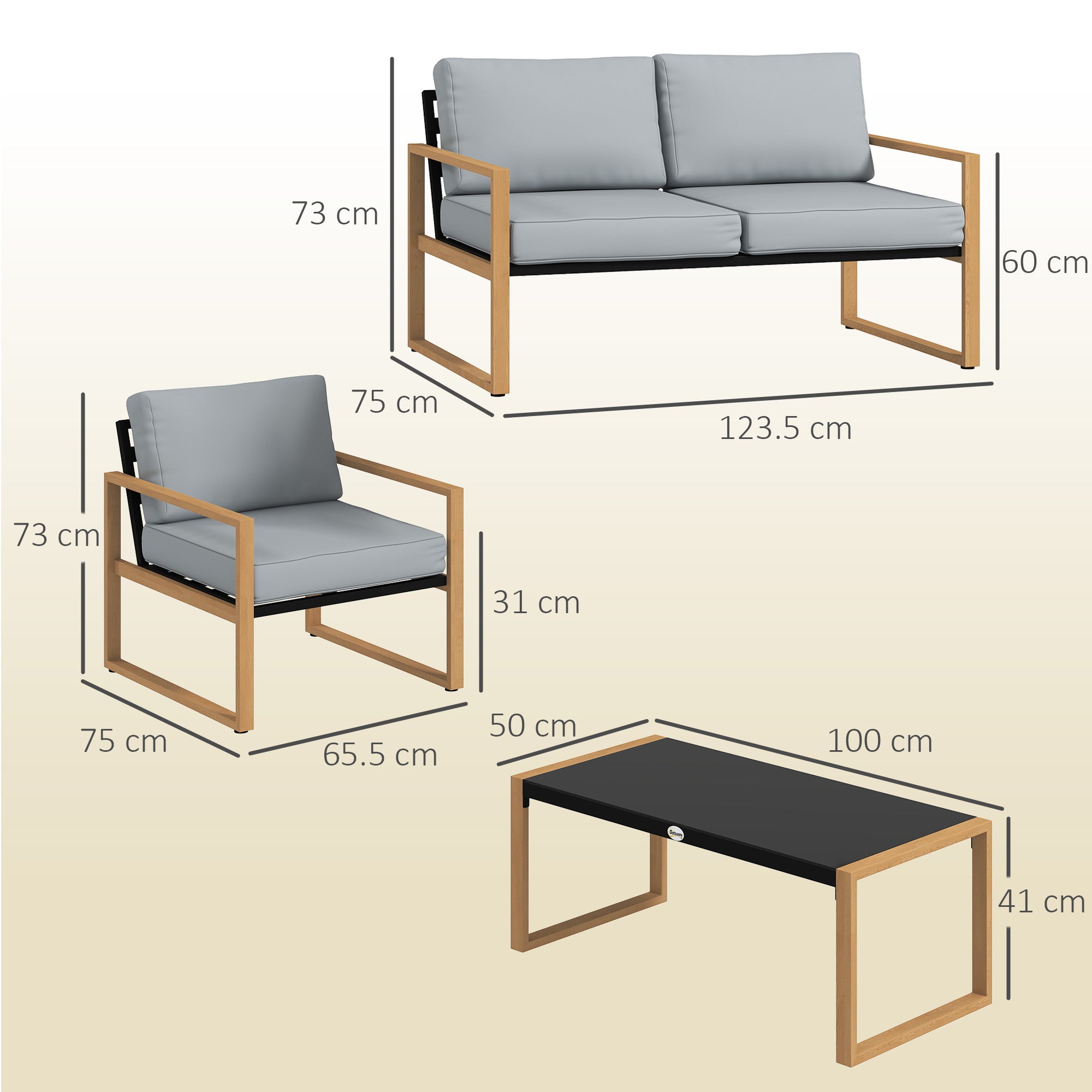 4-Piece Garden Lounge Set in Aluminum, Furniture Set with 2-Seater Outdoor Sofa, 2 Armchairs, and Glass Coffee Table with Removable Cushions, Charcoal Gray/Wood Color
