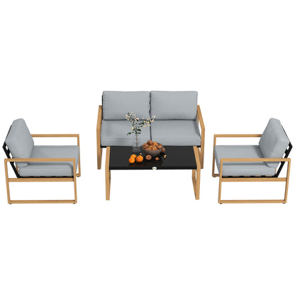 4-Piece Garden Lounge Set in Aluminum, Furniture Set with 2-Seater Outdoor Sofa, 2 Armchairs, and Glass Coffee Table with Removable Cushions, Charcoal Gray/Wood Color