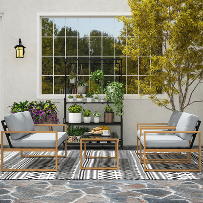 4-Piece Garden Lounge Set in Aluminum, Furniture Set with 2-Seater Outdoor Sofa, 2 Armchairs, and Glass Coffee Table with Removable Cushions, Charcoal Gray/Wood Color