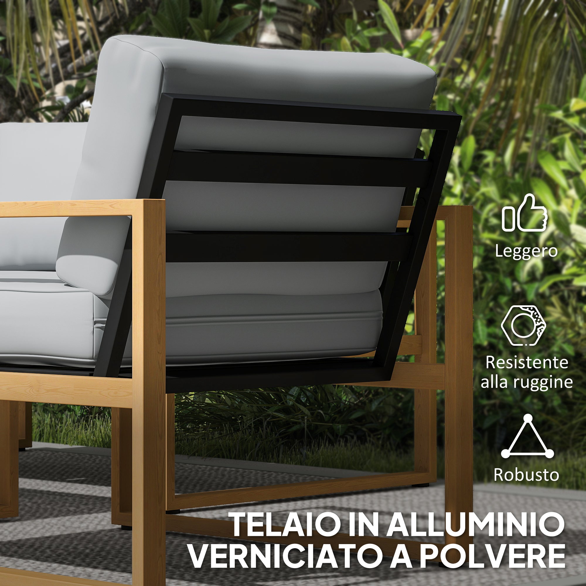 4-Piece Garden Lounge Set in Aluminum, Furniture Set with 2-Seater Outdoor Sofa, 2 Armchairs, and Glass Coffee Table with Removable Cushions, Charcoal Gray/Wood Color