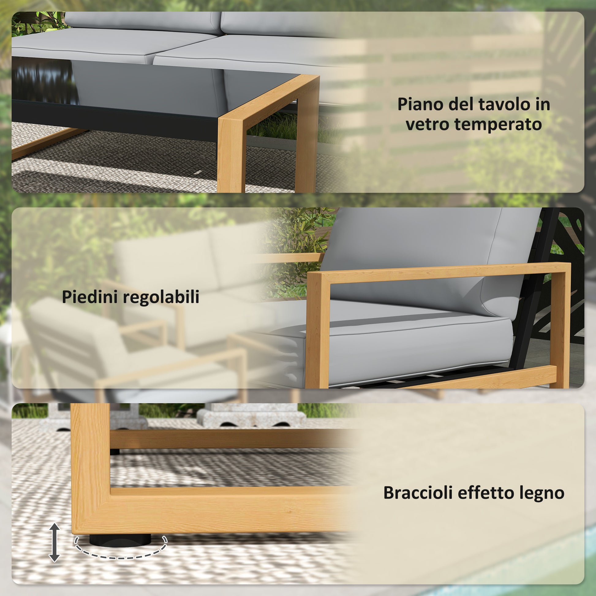 4-Piece Garden Lounge Set in Aluminum, Furniture Set with 2-Seater Outdoor Sofa, 2 Armchairs, and Glass Coffee Table with Removable Cushions, Charcoal Gray/Wood Color