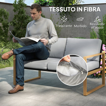 4-Piece Garden Lounge Set in Aluminum, Furniture Set with 2-Seater Outdoor Sofa, 2 Armchairs, and Glass Coffee Table with Removable Cushions, Charcoal Gray/Wood Color