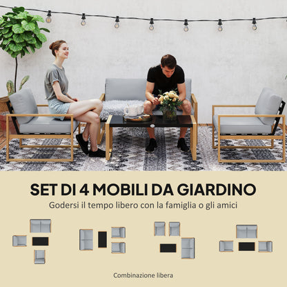 4-Piece Garden Lounge Set in Aluminum, Furniture Set with 2-Seater Outdoor Sofa, 2 Armchairs, and Glass Coffee Table with Removable Cushions, Charcoal Gray/Wood Color