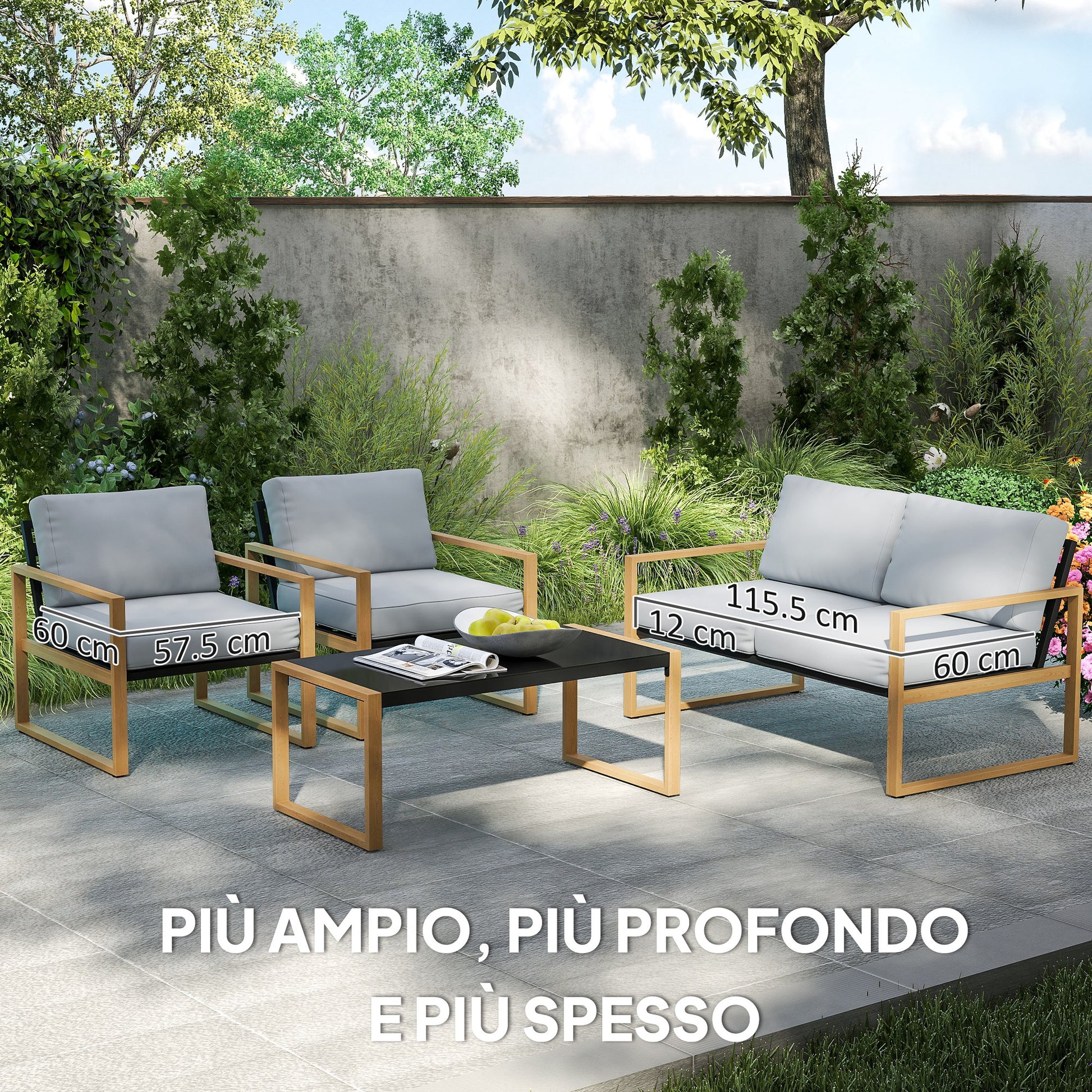 4-Piece Garden Lounge Set in Aluminum, Furniture Set with 2-Seater Outdoor Sofa, 2 Armchairs, and Glass Coffee Table with Removable Cushions, Charcoal Gray/Wood Color