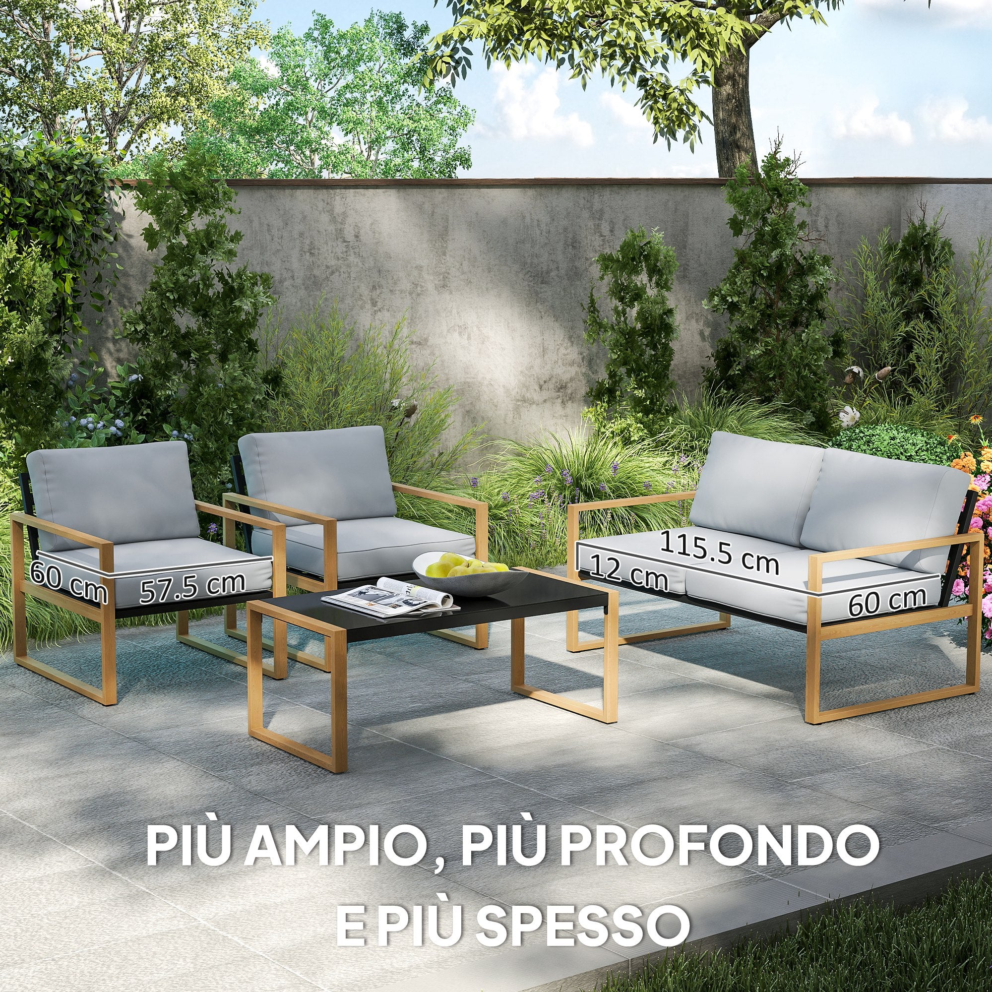 4-Piece Garden Lounge Set in Aluminum, Furniture Set with 2-Seater Outdoor Sofa, 2 Armchairs, and Glass Coffee Table with Removable Cushions, Charcoal Gray/Wood Color