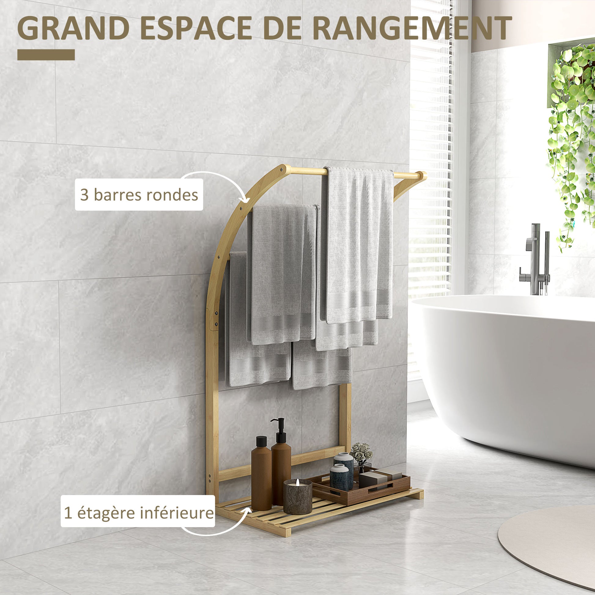 Bamboo Towel Rack with 3 Bars and Storage Shelf, Free-standing Towel Rack for Bathroom and Laundry Room, Natural Finish