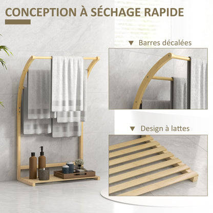 Bamboo Towel Rack with 3 Bars and Storage Shelf, Free-standing Towel Rack for Bathroom and Laundry Room, Natural Finish