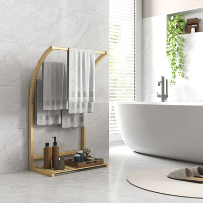 Bamboo Towel Rack with 3 Bars and Storage Shelf, Free-standing Towel Rack for Bathroom and Laundry Room, Natural Finish