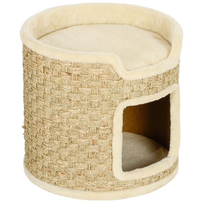 Scratching Post, 37 cm High Cat Barrel, Cat Cave with Door, Cat House, Scratching Post with 2 Levels, Cat Tower, Cat Bed made of Sisal, for Cat up to 5 kg, Khaki