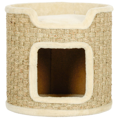 Scratching Post, 37 cm High Cat Barrel, Cat Cave with Door, Cat House, Scratching Post with 2 Levels, Cat Tower, Cat Bed made of Sisal, for Cat up to 5 kg, Khaki