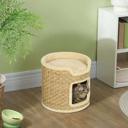 Scratching Post, 37 cm High Cat Barrel, Cat Cave with Door, Cat House, Scratching Post with 2 Levels, Cat Tower, Cat Bed made of Sisal, for Cat up to 5 kg, Khaki