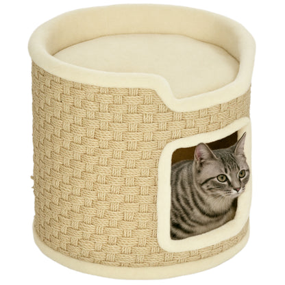 Scratching Post, 37 cm High Cat Barrel, Cat Cave with Door, Cat House, Scratching Post with 2 Levels, Cat Tower, Cat Bed made of Sisal, for Cat up to 5 kg, Khaki