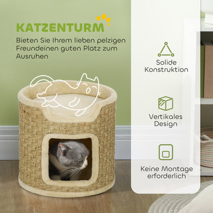 Scratching Post, 37 cm High Cat Barrel, Cat Cave with Door, Cat House, Scratching Post with 2 Levels, Cat Tower, Cat Bed made of Sisal, for Cat up to 5 kg, Khaki
