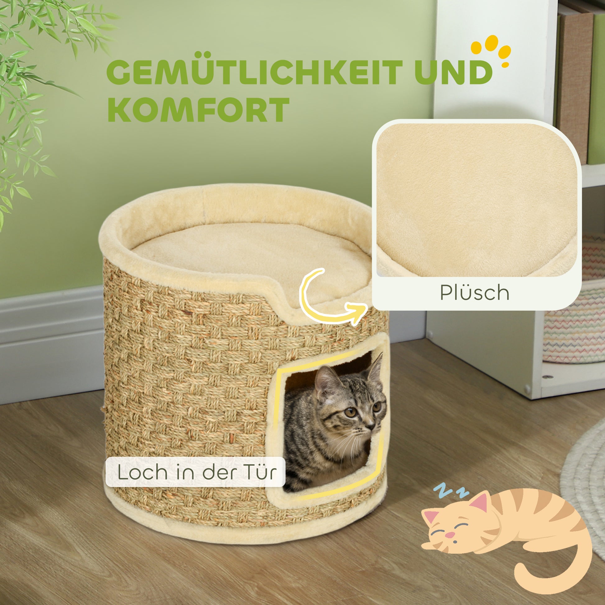 Scratching Post, 37 cm High Cat Barrel, Cat Cave with Door, Cat House, Scratching Post with 2 Levels, Cat Tower, Cat Bed made of Sisal, for Cat up to 5 kg, Khaki