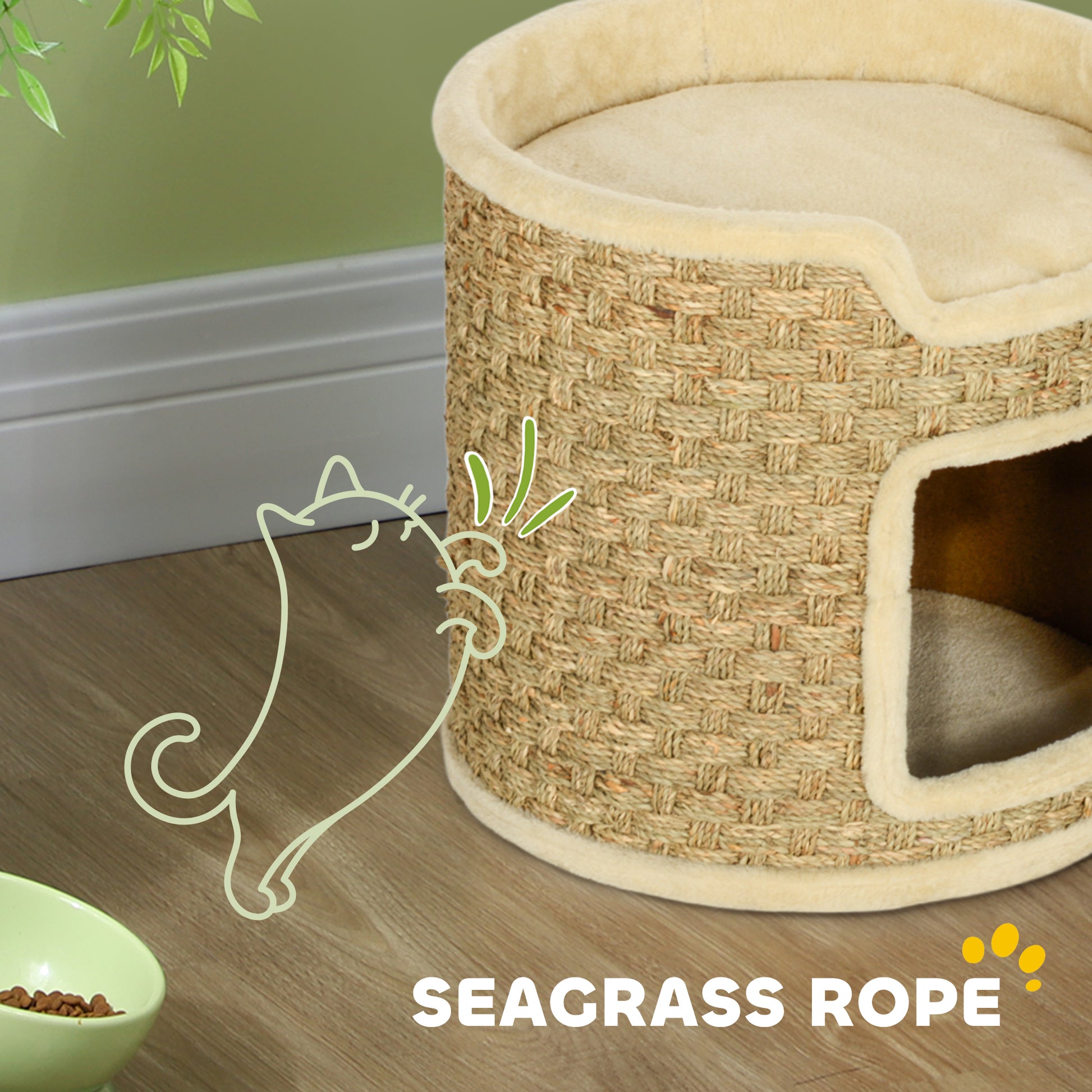 Scratching Post, 37 cm High Cat Barrel, Cat Cave with Door, Cat House, Scratching Post with 2 Levels, Cat Tower, Cat Bed made of Sisal, for Cat up to 5 kg, Khaki